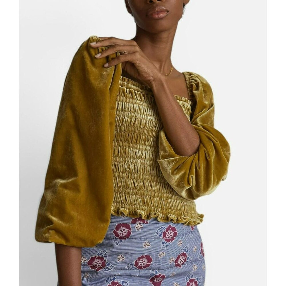 Anthropologie Velvet Smocked Puff Sleeve Top Square Neck Gold Yellow Sz Medium